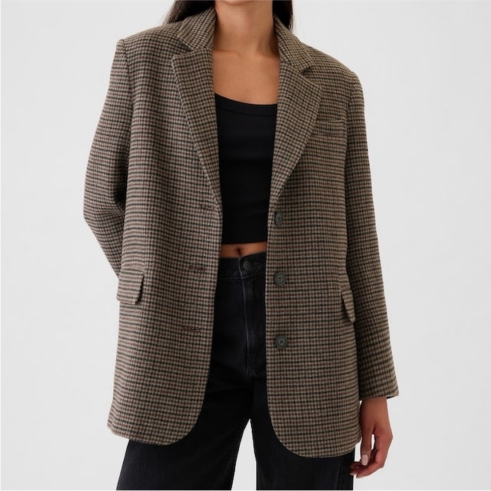 GAP Relaxed Houndstooth Wool Blend Blazer in Brown Plaid, Size X-Large